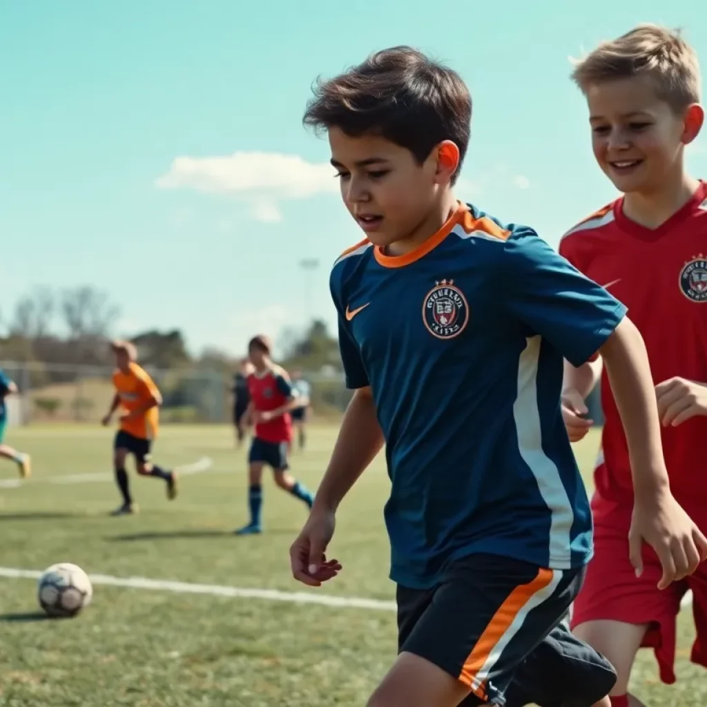 Boys soccer team practicing on the field at North Bay Haven Charter Academy