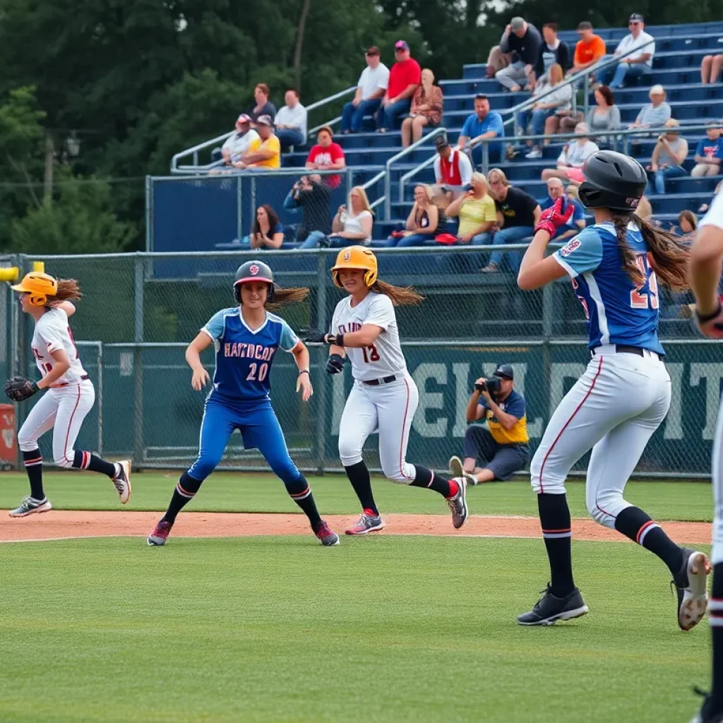 North Platte High School softball team celebrating their win on the field.