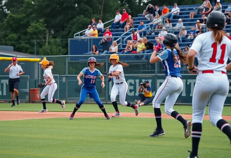 North Platte High School softball team celebrating their win on the field.