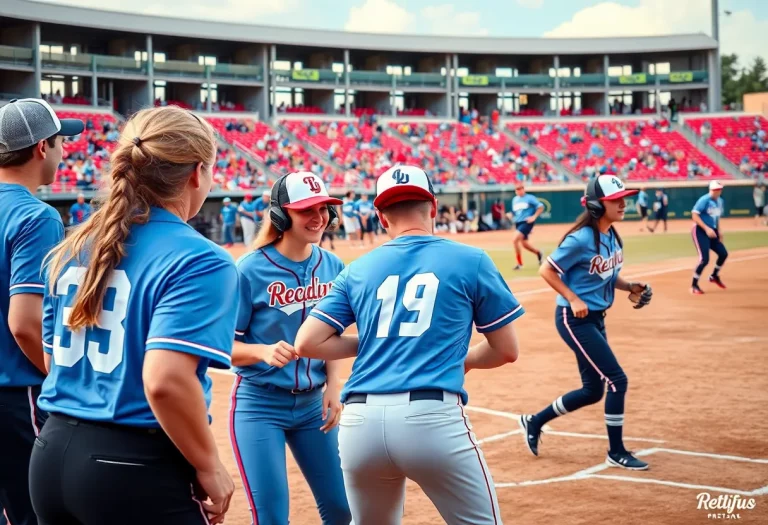 Action-packed scene of Oklahoma high school softball teams competing on the field.
