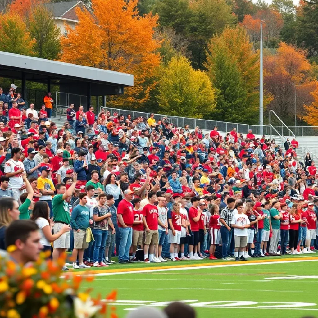 Fans cheering in the stands during an Oregon high school football game.