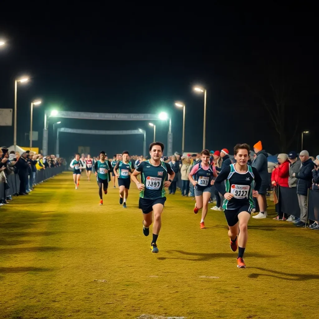Athletes participating in the Ottumwa Cross Country Race at night under bright lights.