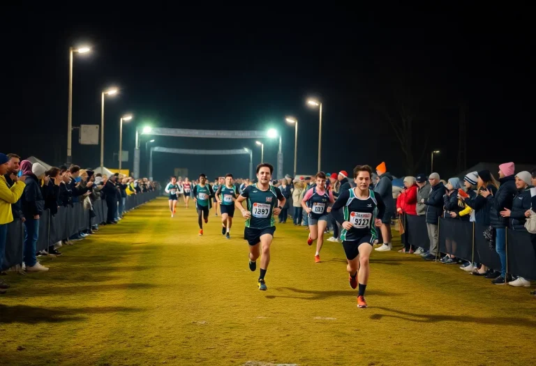 Athletes participating in the Ottumwa Cross Country Race at night under bright lights.