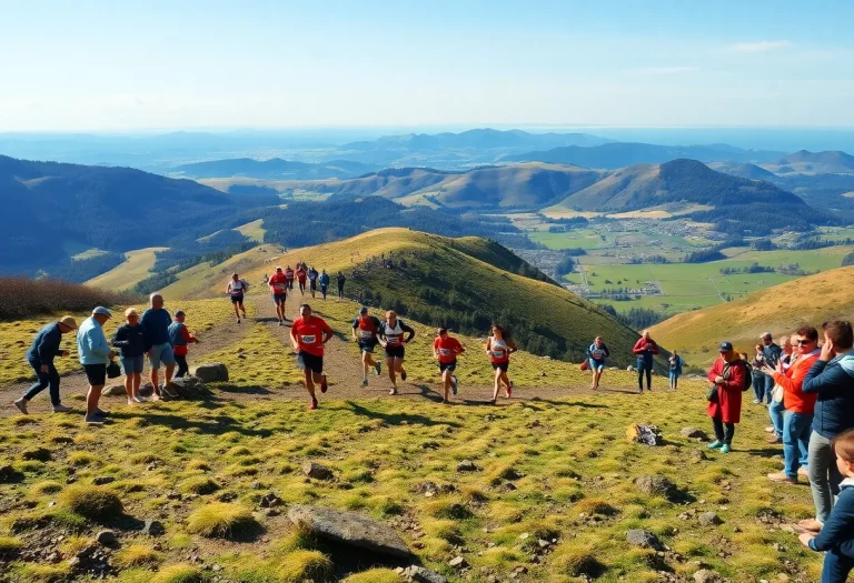 Cross country runners racing along a challenging trail during the state championships.