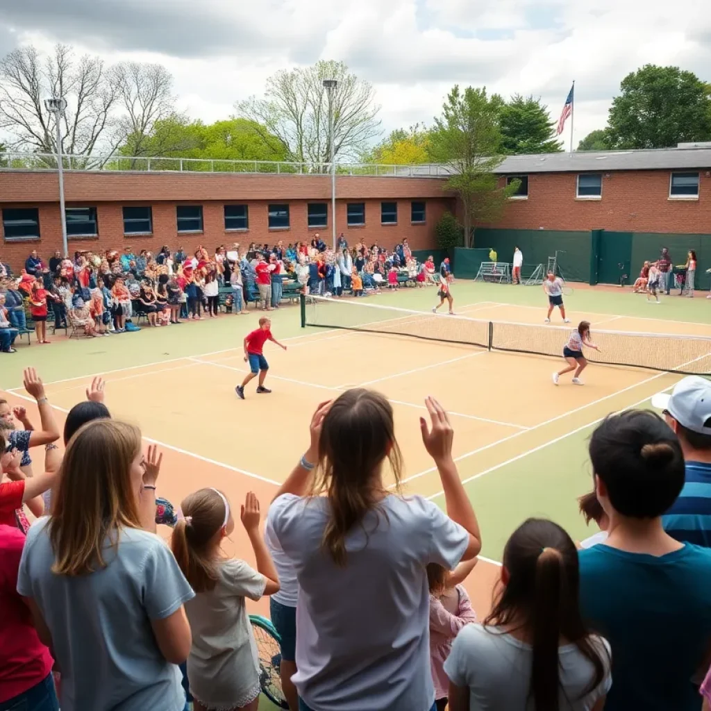 High school tennis match in progress with players and cheering crowd.