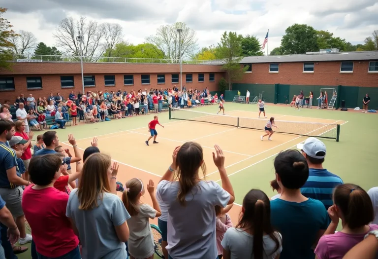 High school tennis match in progress with players and cheering crowd.