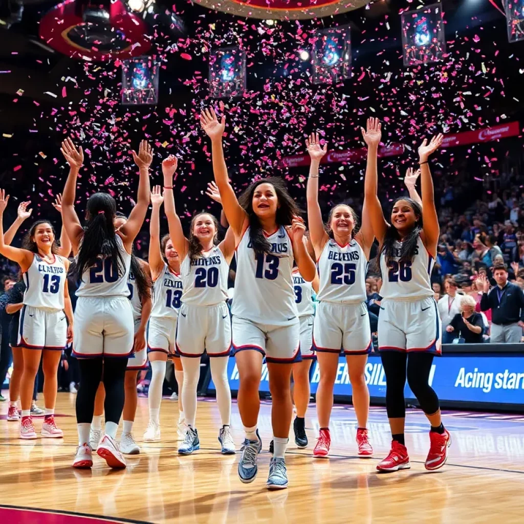 Celebration of the Portland Fire's return to WNBA with a vibrant basketball court and team spirit