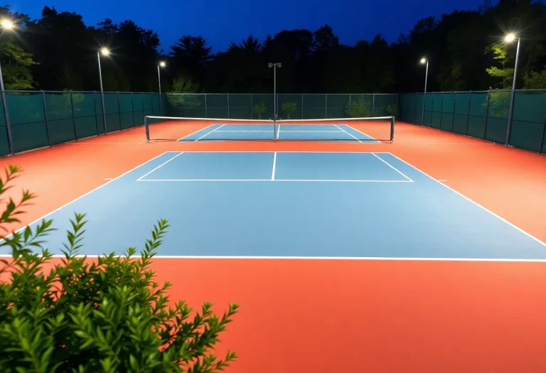 Newly renovated tennis courts with bright lights and fresh paint at Betts Park.
