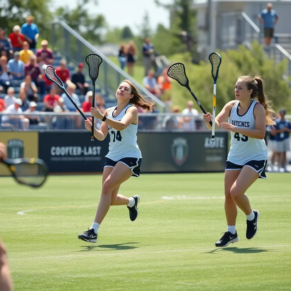 Dynamic women's lacrosse game with players competing energetically.