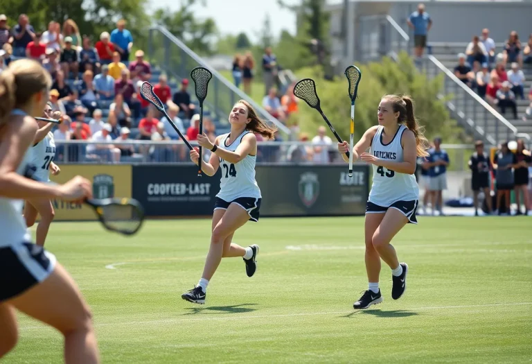 Dynamic women's lacrosse game with players competing energetically.