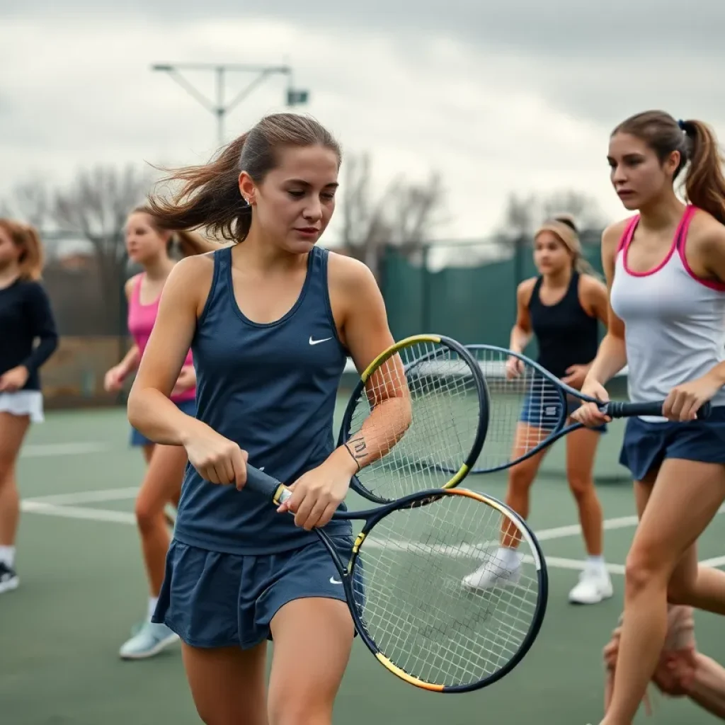 Ripon High School girls' tennis team playing a match on a cold day.