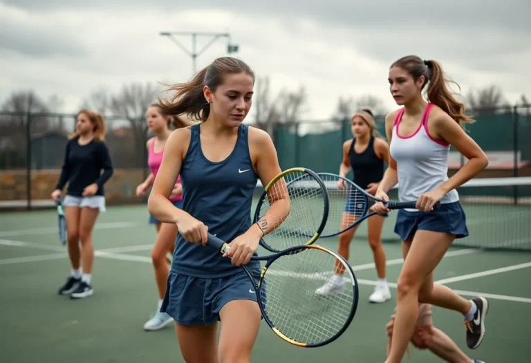 Ripon High School girls' tennis team playing a match on a cold day.