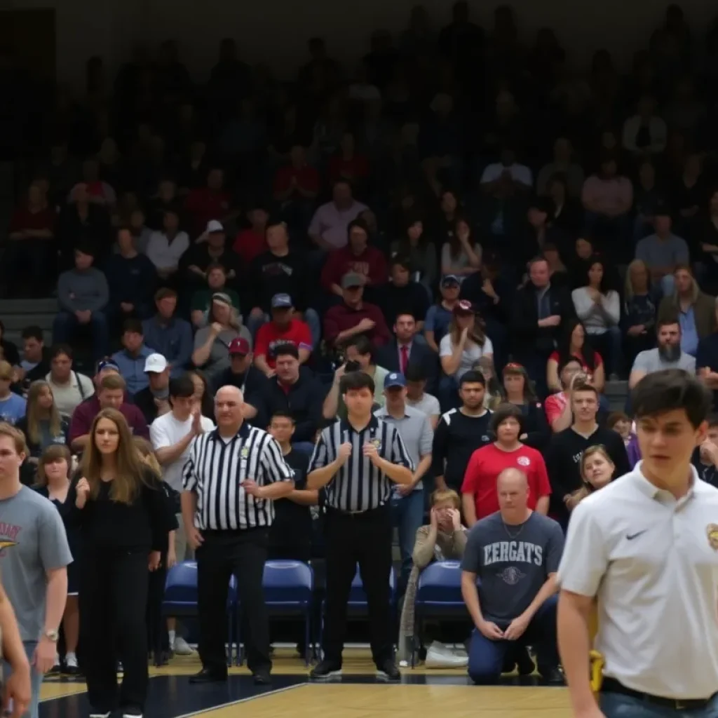 High school basketball game with concerned audience and police presence