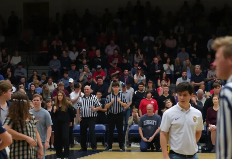 High school basketball game with concerned audience and police presence