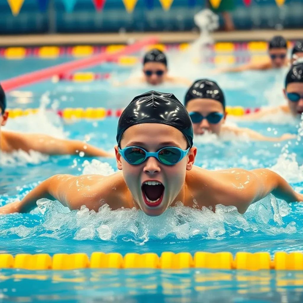 Competitive swimmer diving into the water during a race.