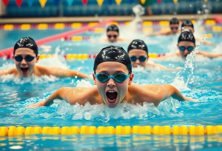 Competitive swimmer diving into the water during a race.
