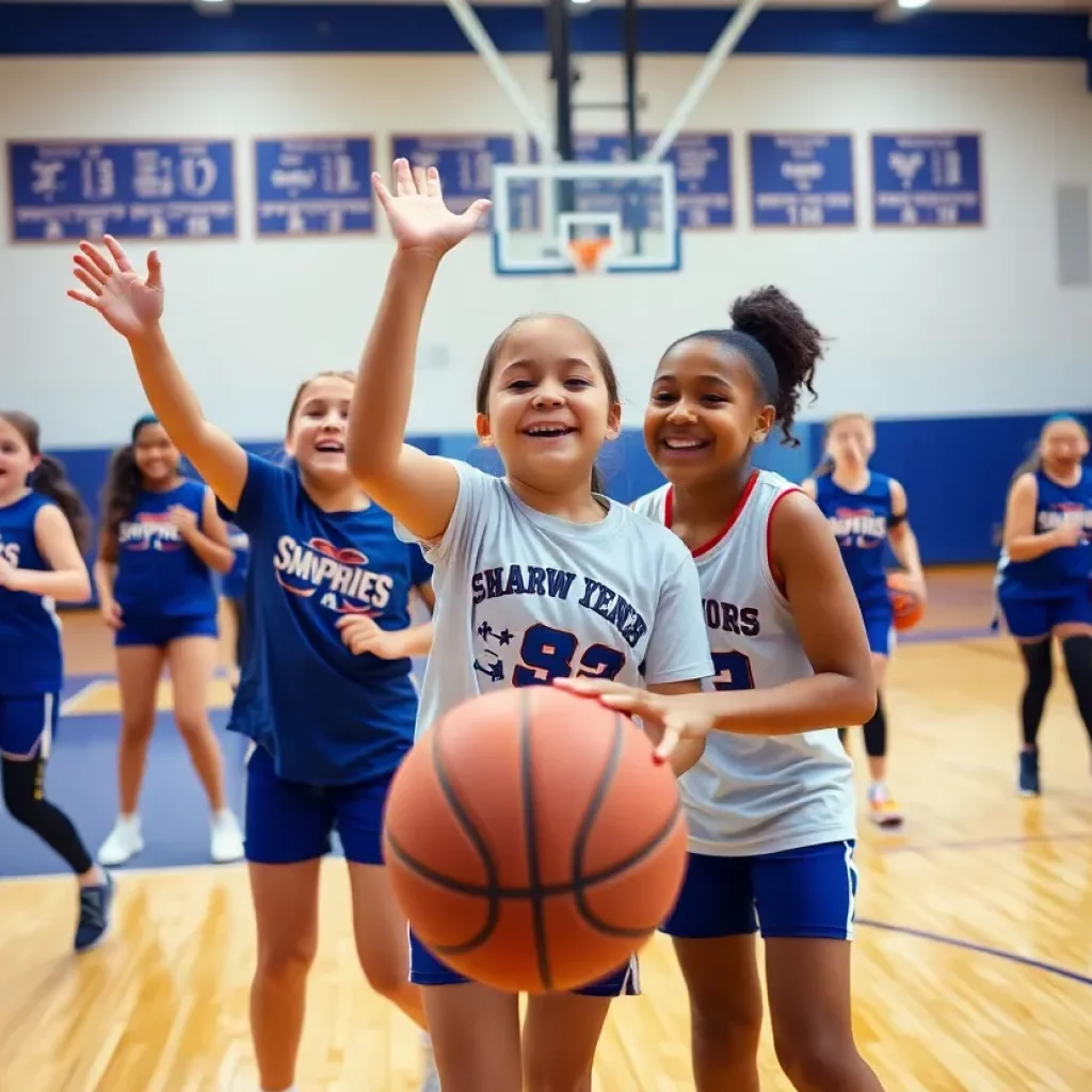 Girls basketball team practicing in a gymnasium