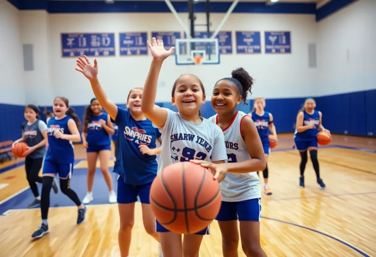 Girls basketball team practicing in a gymnasium