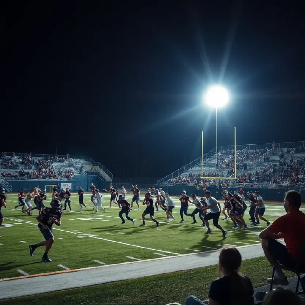 High school football game with players in action