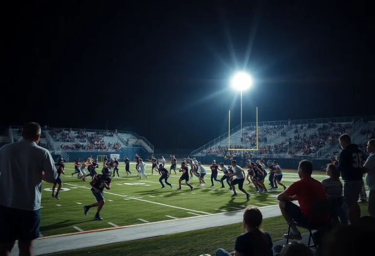 High school football game with players in action