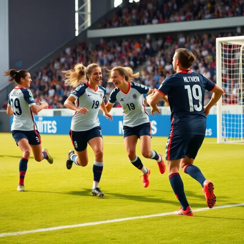 Soccer players celebrating after a goal on a sunny field.