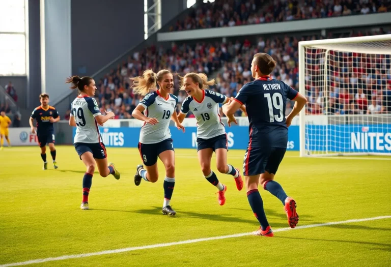 Soccer players celebrating after a goal on a sunny field.