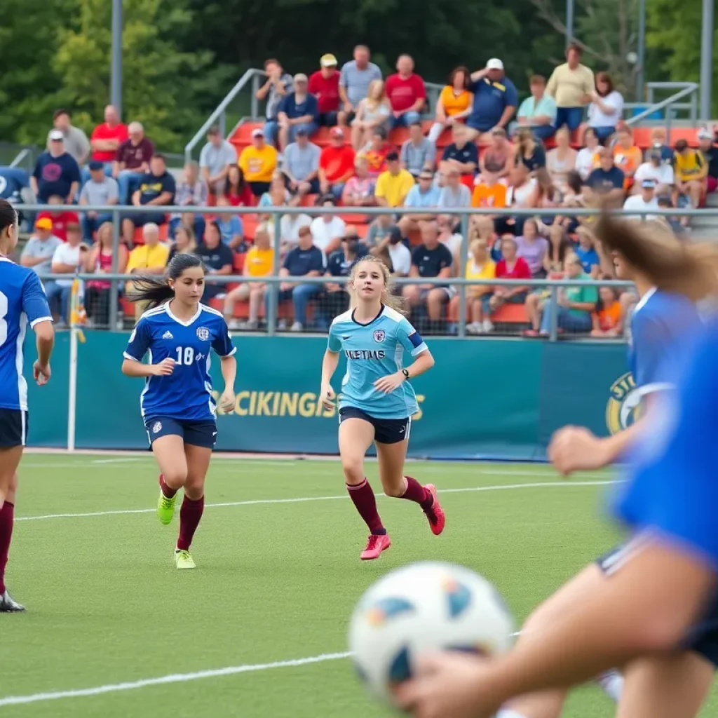 High school girls' soccer teams competing in a match.