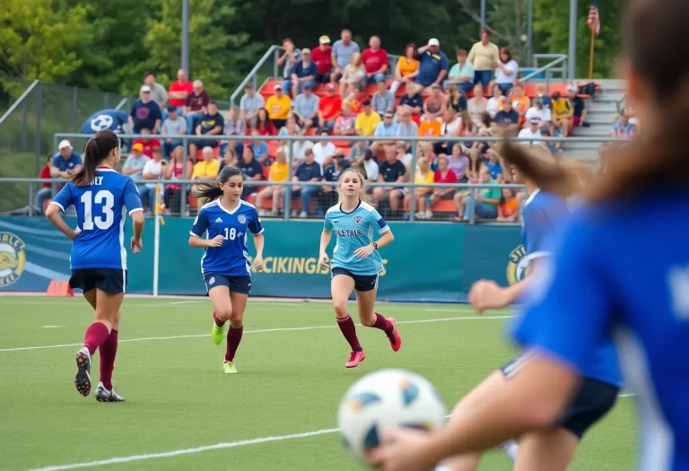 High school girls' soccer teams competing in a match.