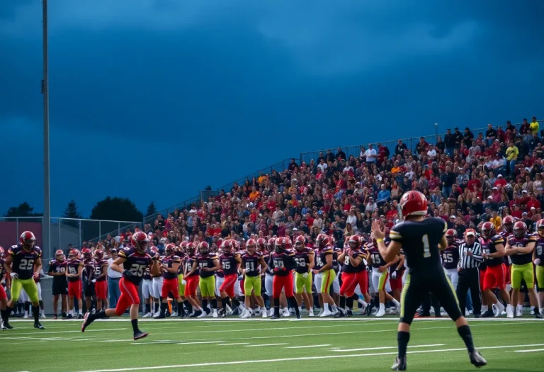 Players engaged in an intense high school football game in South Carolina