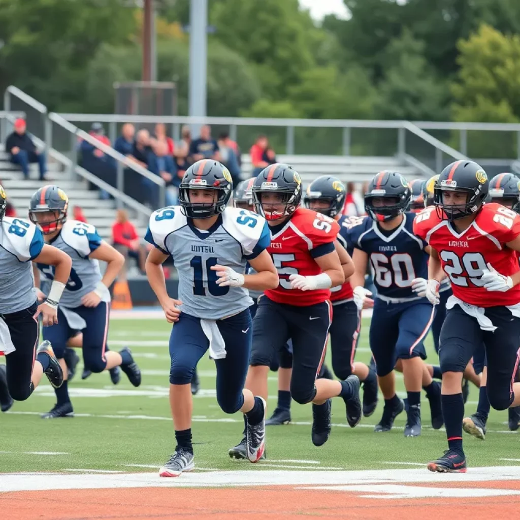Players engaged in a high school football game, displaying teamwork and competition.