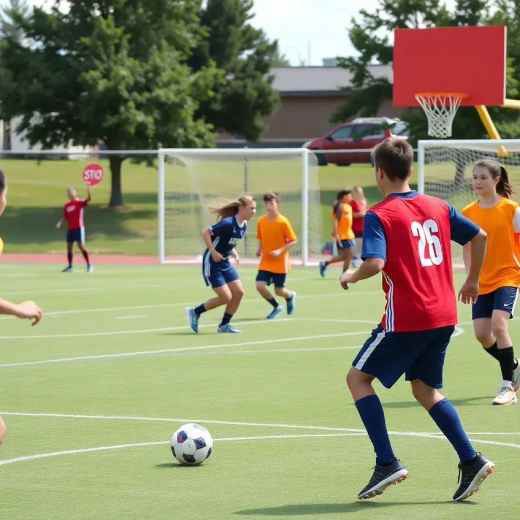 High school athletes engaging in soccer and basketball, representing teamwork and academic excellence.