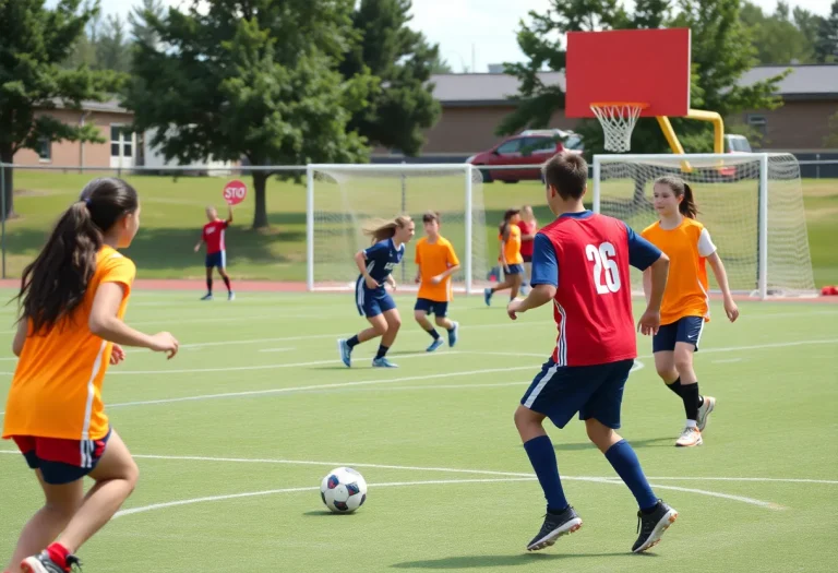 High school athletes engaging in soccer and basketball, representing teamwork and academic excellence.