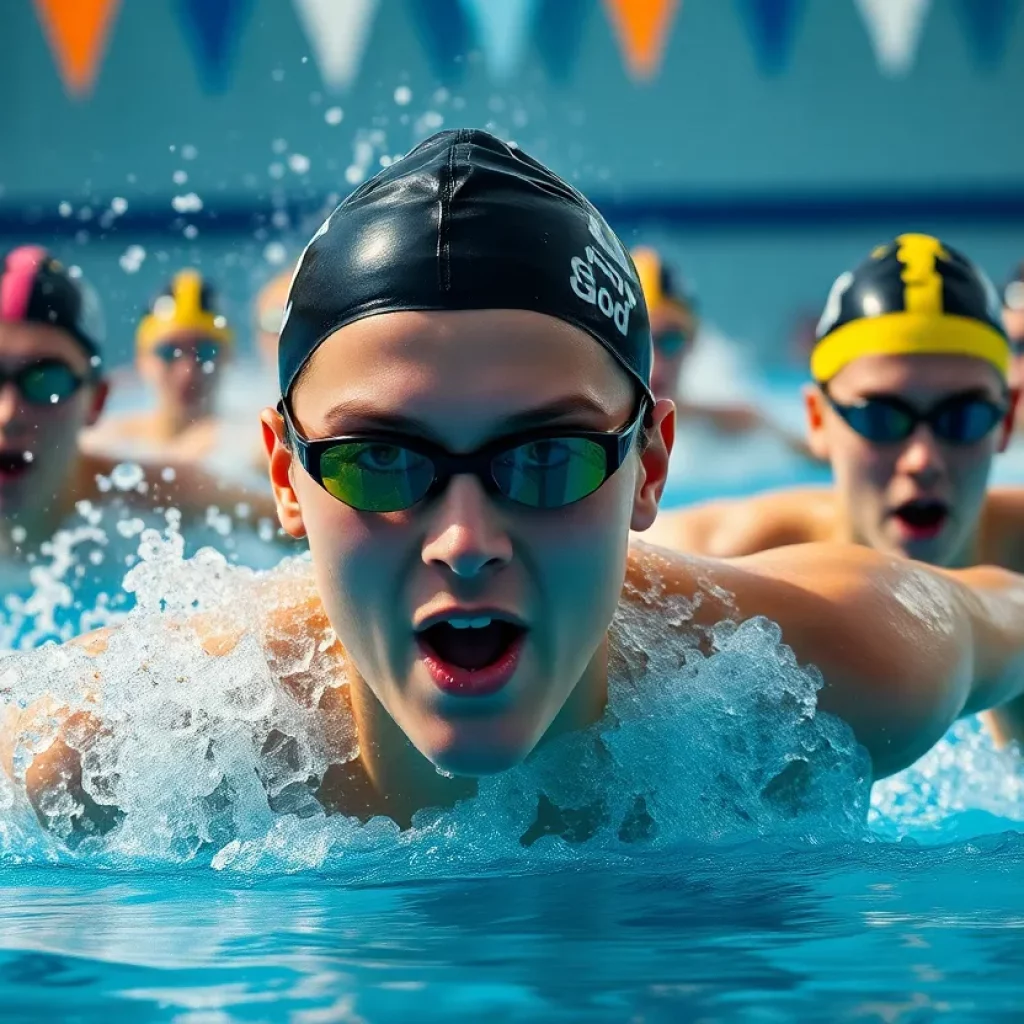 Swimmers competing in a championship pool event