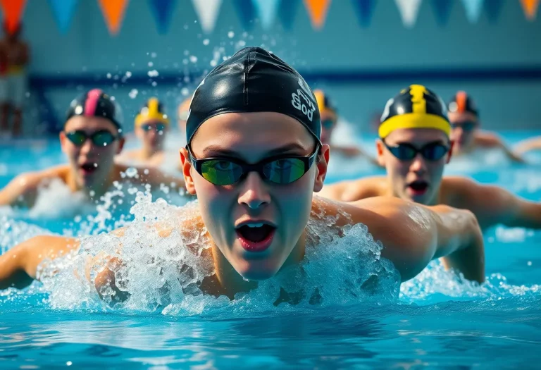Swimmers competing in a championship pool event