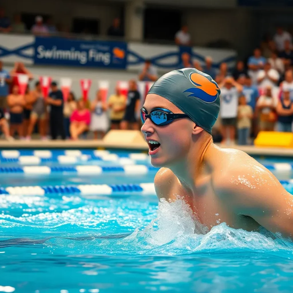 A swimmer competing in a race at a swimming championship event