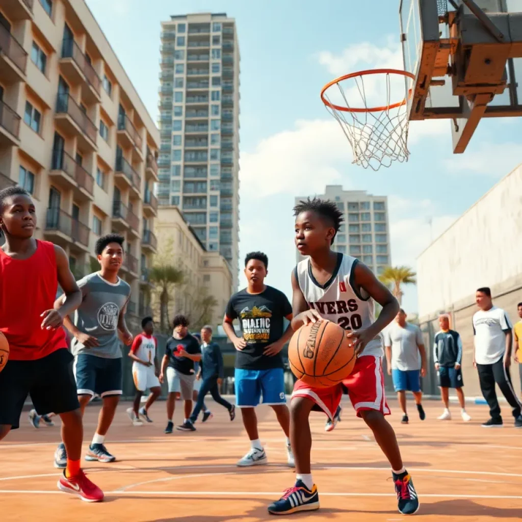 Young basketball players training in an urban environment.