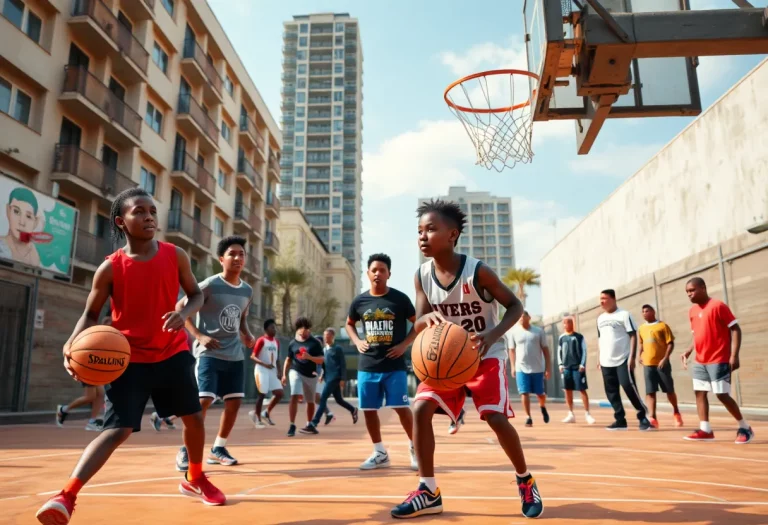 Young basketball players training in an urban environment.