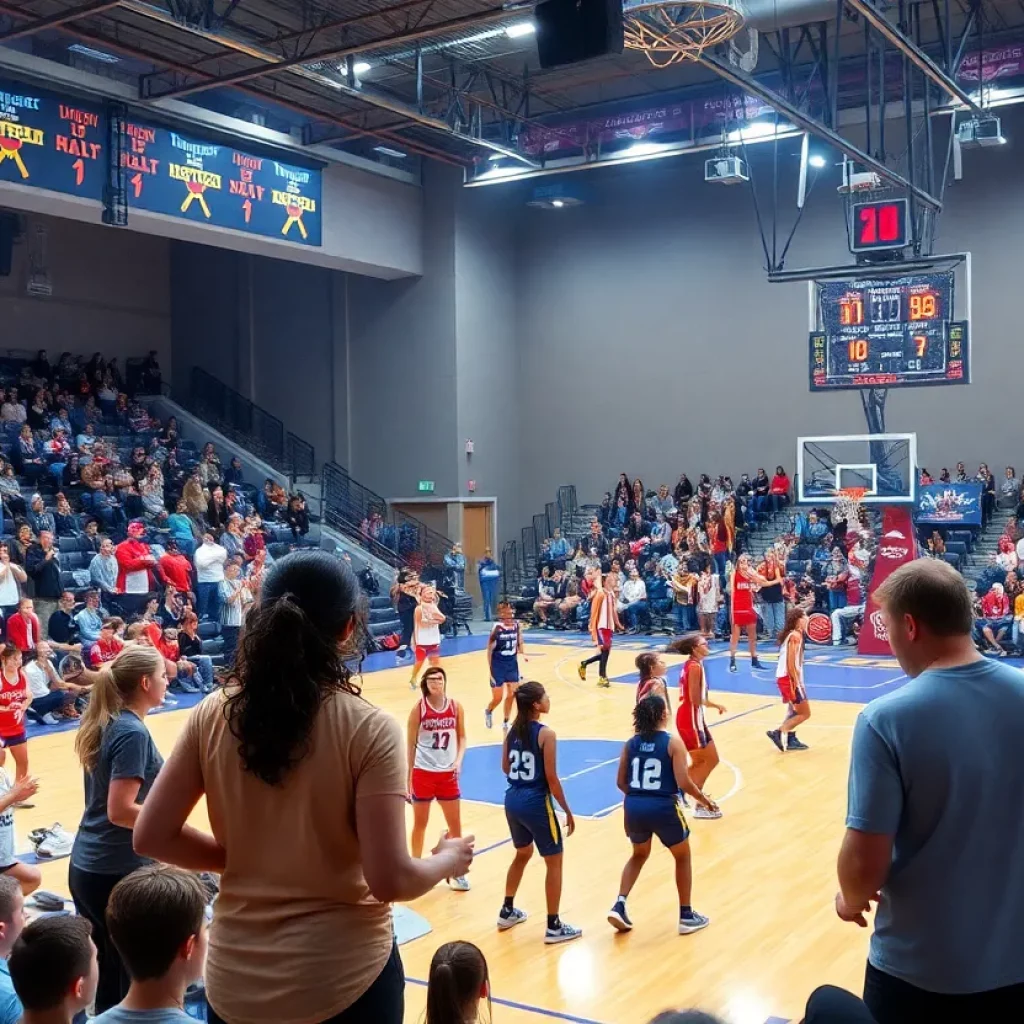 Women’s basketball game featuring players in action on a lively court.