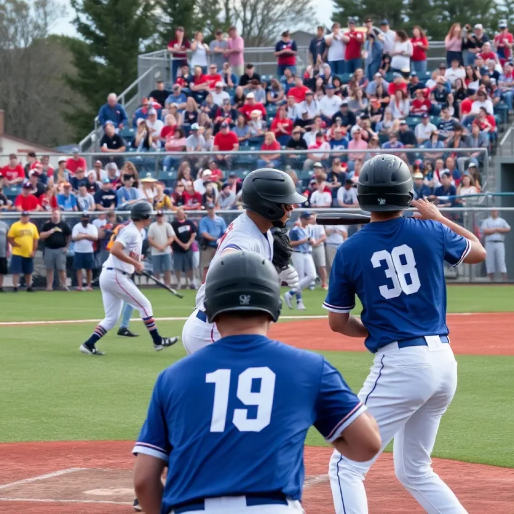 Teutopolis High School baseball players hitting and running on the field