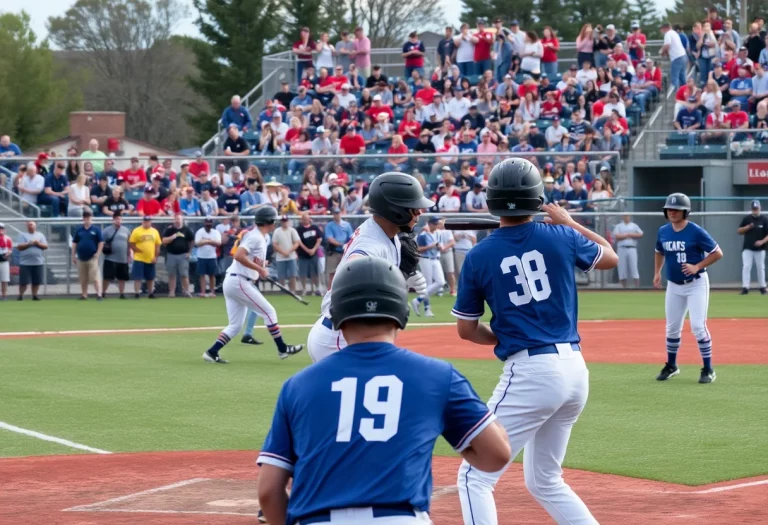 Teutopolis High School baseball players hitting and running on the field