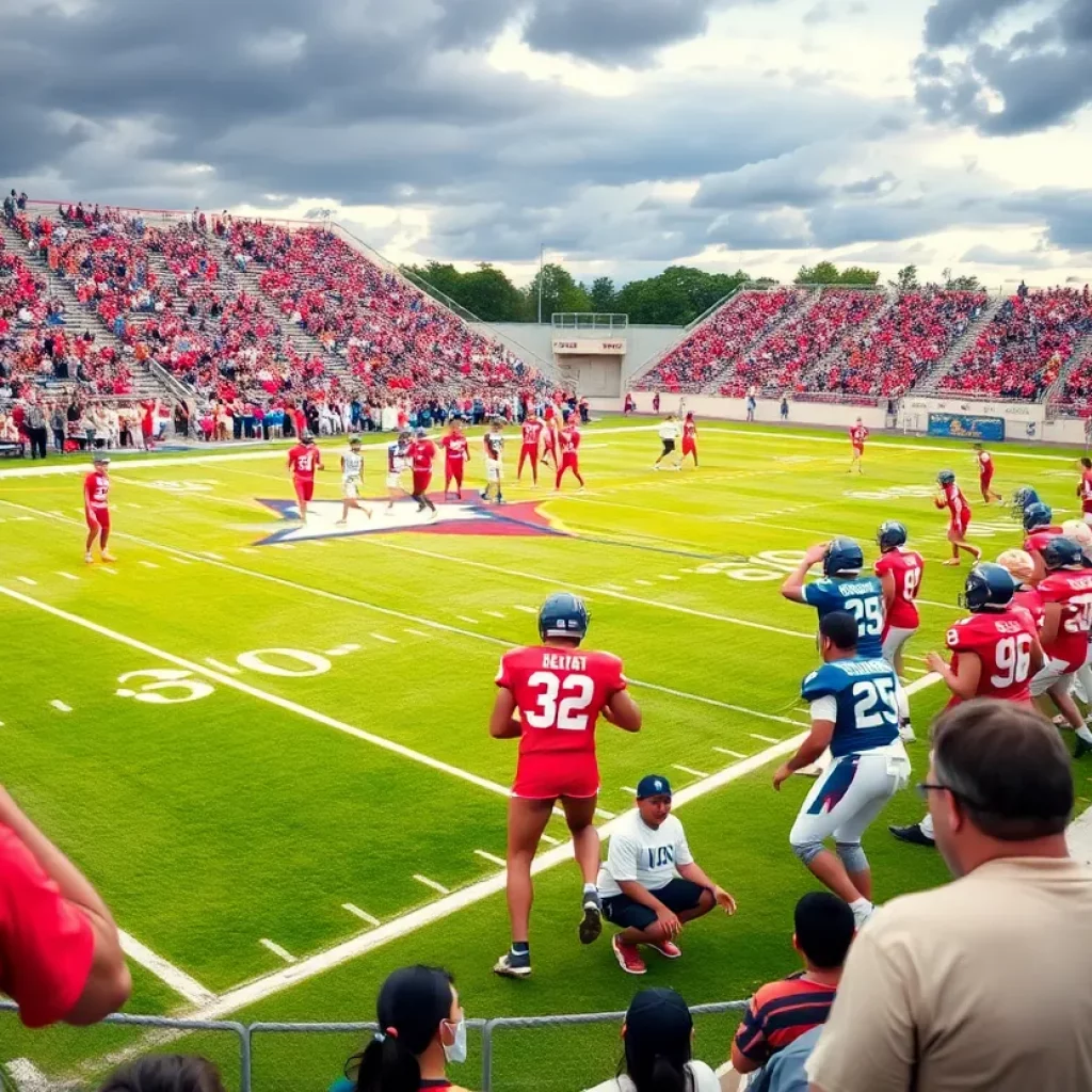 Texas high school football game scene with players and fans