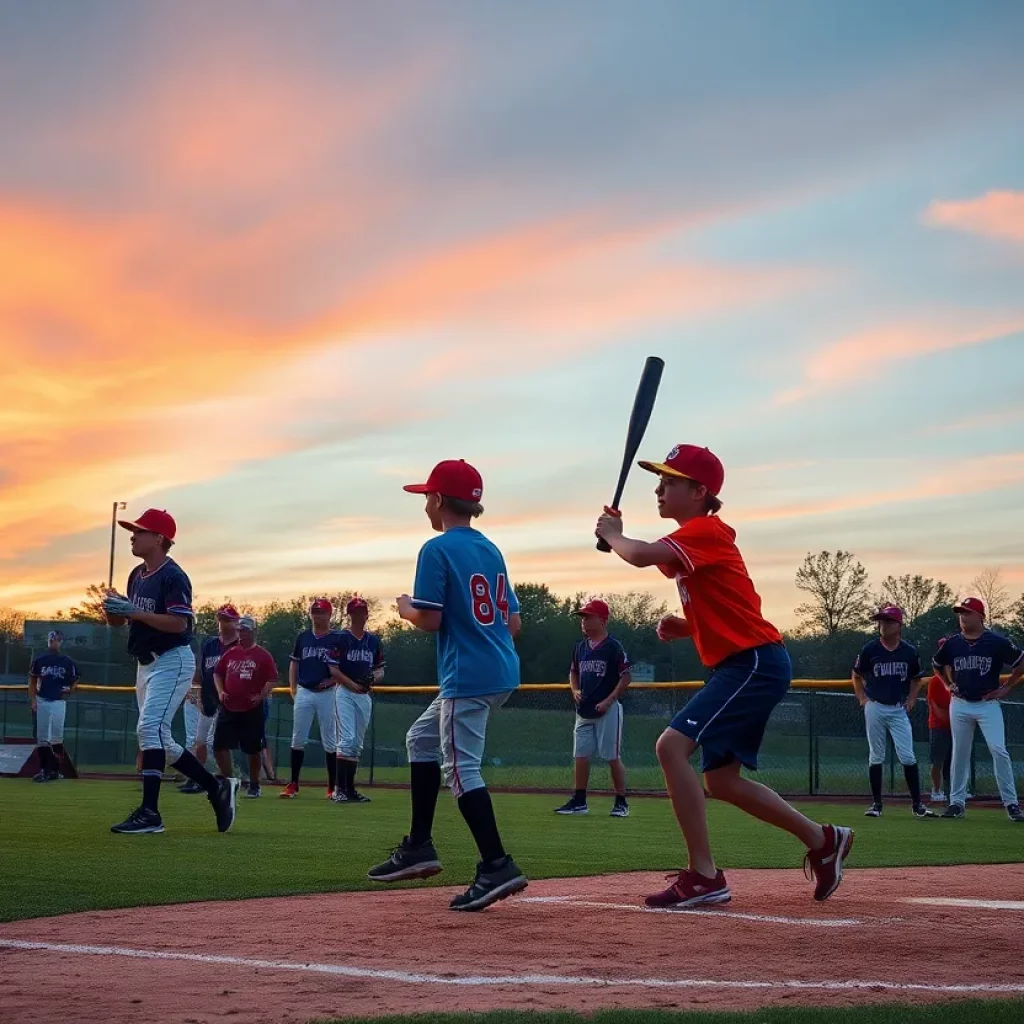 Young baseball players training on a field