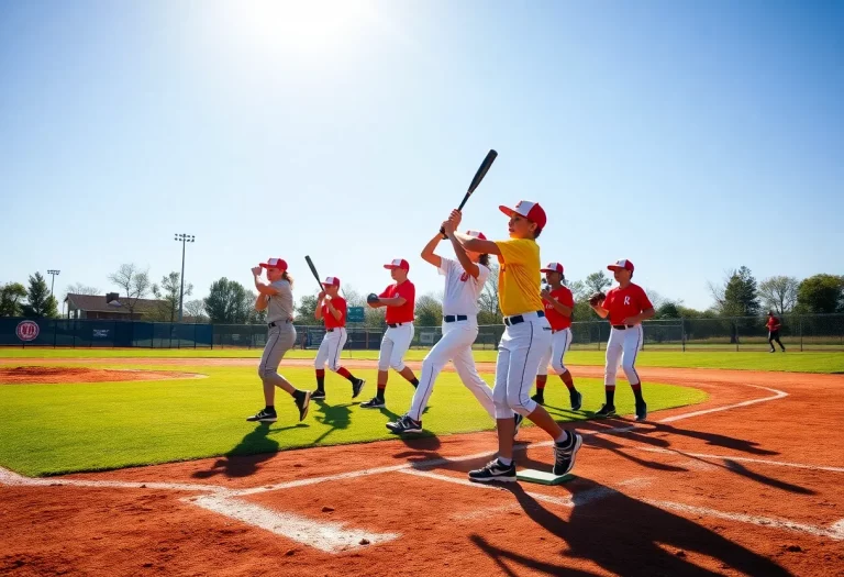 Young athletes practicing baseball on a sunny field