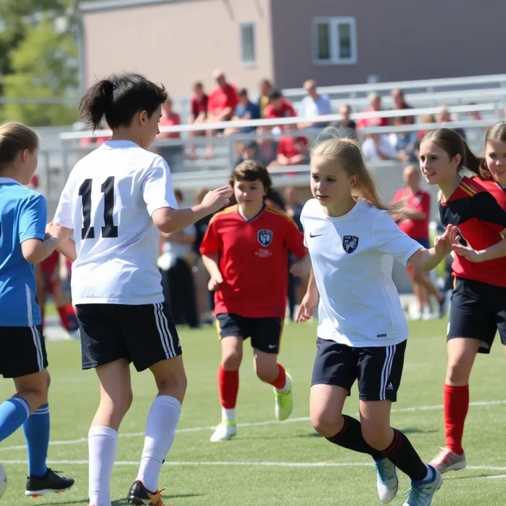 Traip Academy players celebrating their victory in high school soccer match against Waynflete.