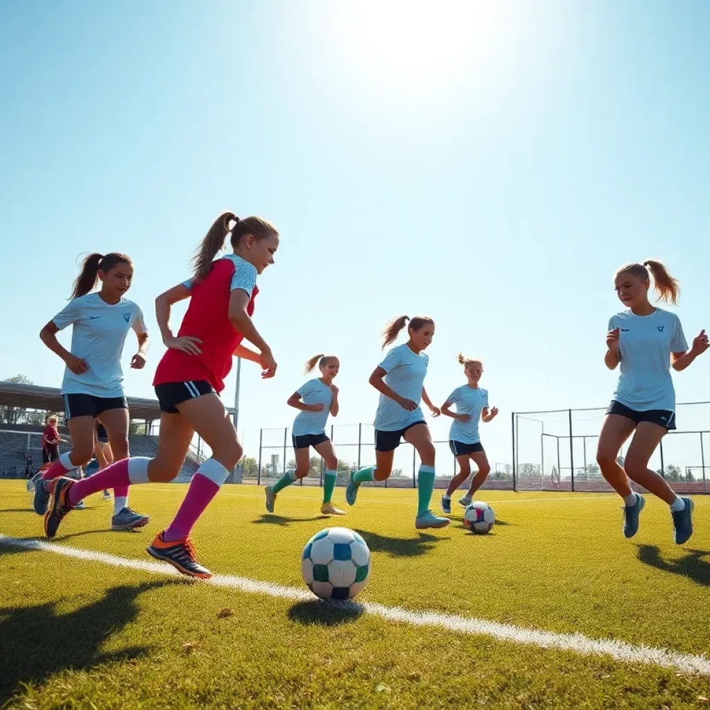 Young female athletes practicing soccer on a sunny day.
