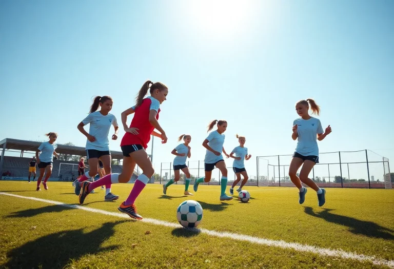 Young female athletes practicing soccer on a sunny day.