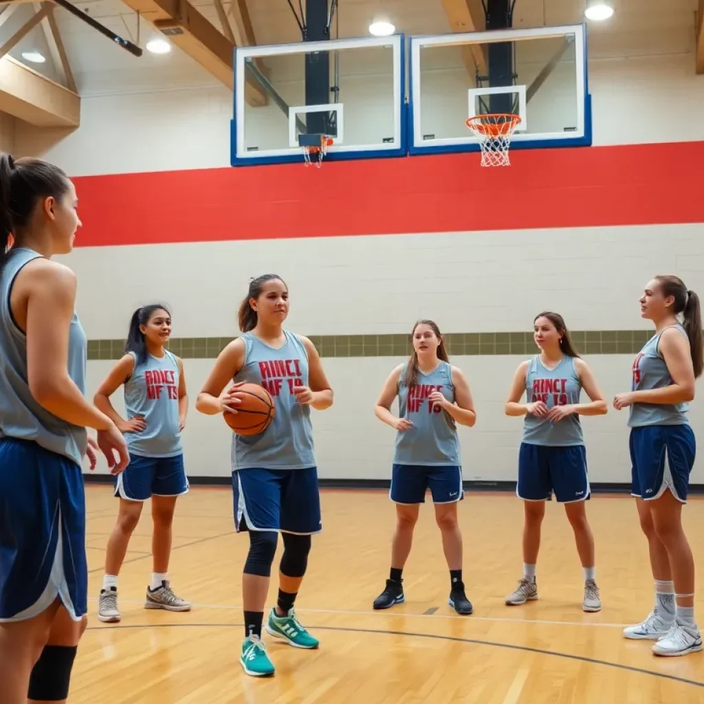 High school girls basketball team practicing