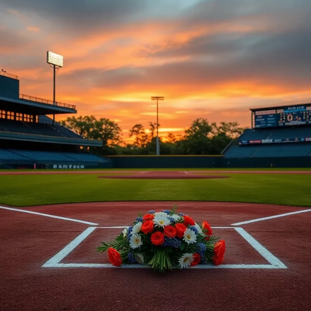 Memorial flowers on a baseball field for Coach Ed Johnson