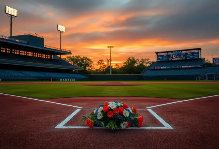 Memorial flowers on a baseball field for Coach Ed Johnson