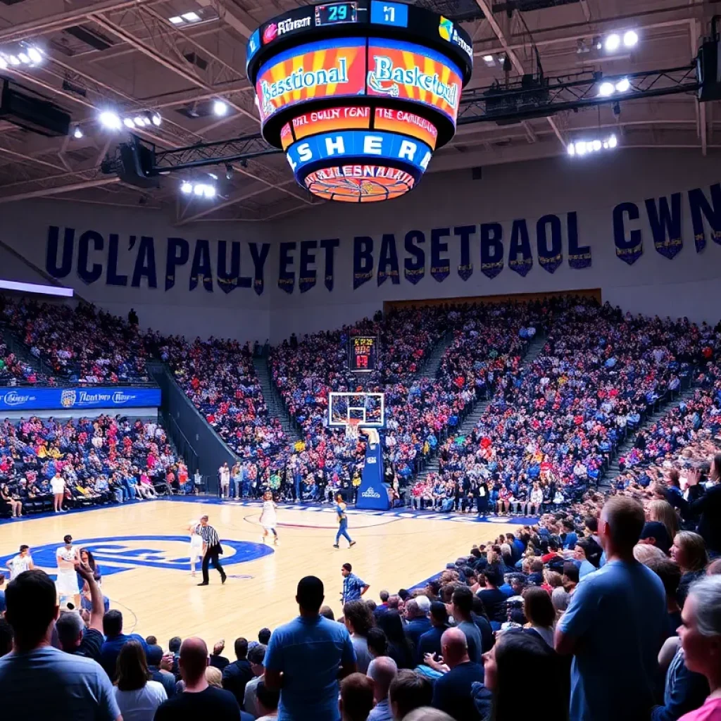 Fans cheering at a high school basketball game at Pauley Pavilion